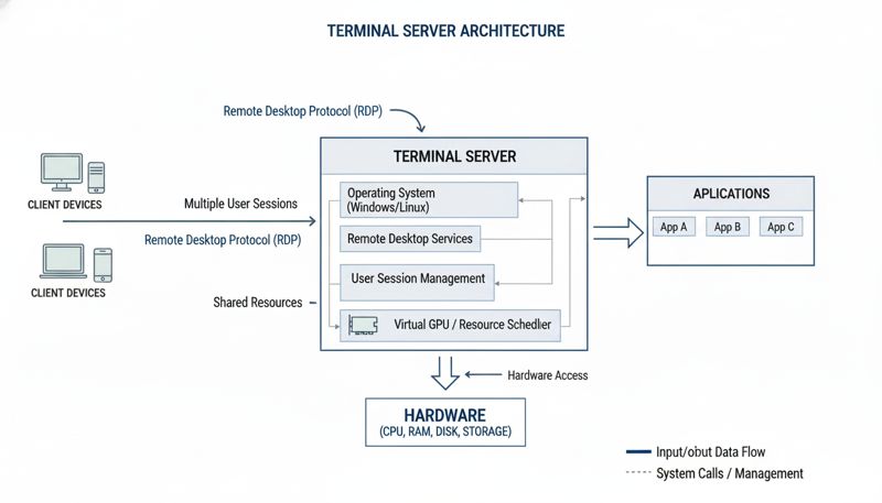 Схематичное изображение работы терминального сервера