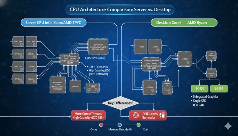 Схематичное сравнение архитектуры серверного и обычного процессора