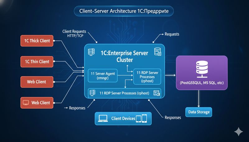Схематичное изображение клиент-серверной архитектуры 1С