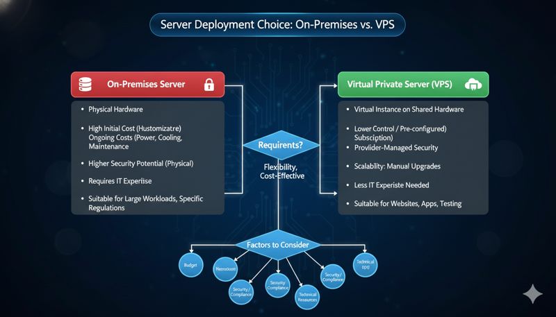 Схематичное изображение выбора между физическим (On-Premises) и виртуальным (VPS) сервером