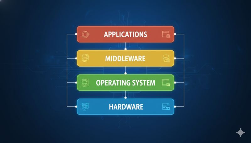Схематичное изображение слоев серверной платформы (Hardware, OS, Middleware, Application)