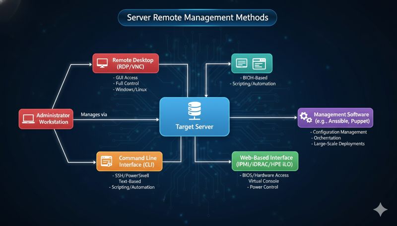 Схема, показывающая различные методы удаленного управления сервером