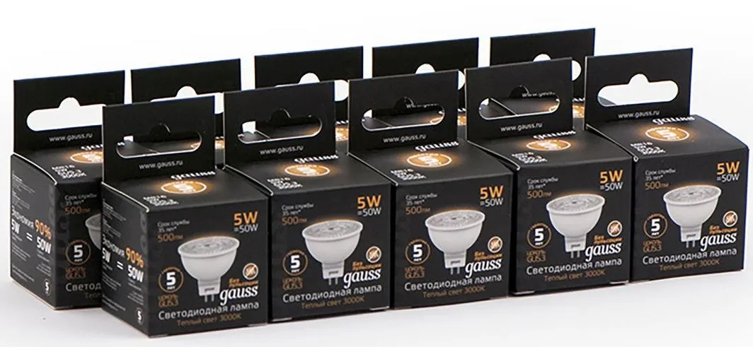 Лампа светодиодная Gauss Black 5Вт цок.:GU5.3 рефлек. 220B св.свеч.бел.теп. MR16 (упак.:10шт) (101505105) фото 3