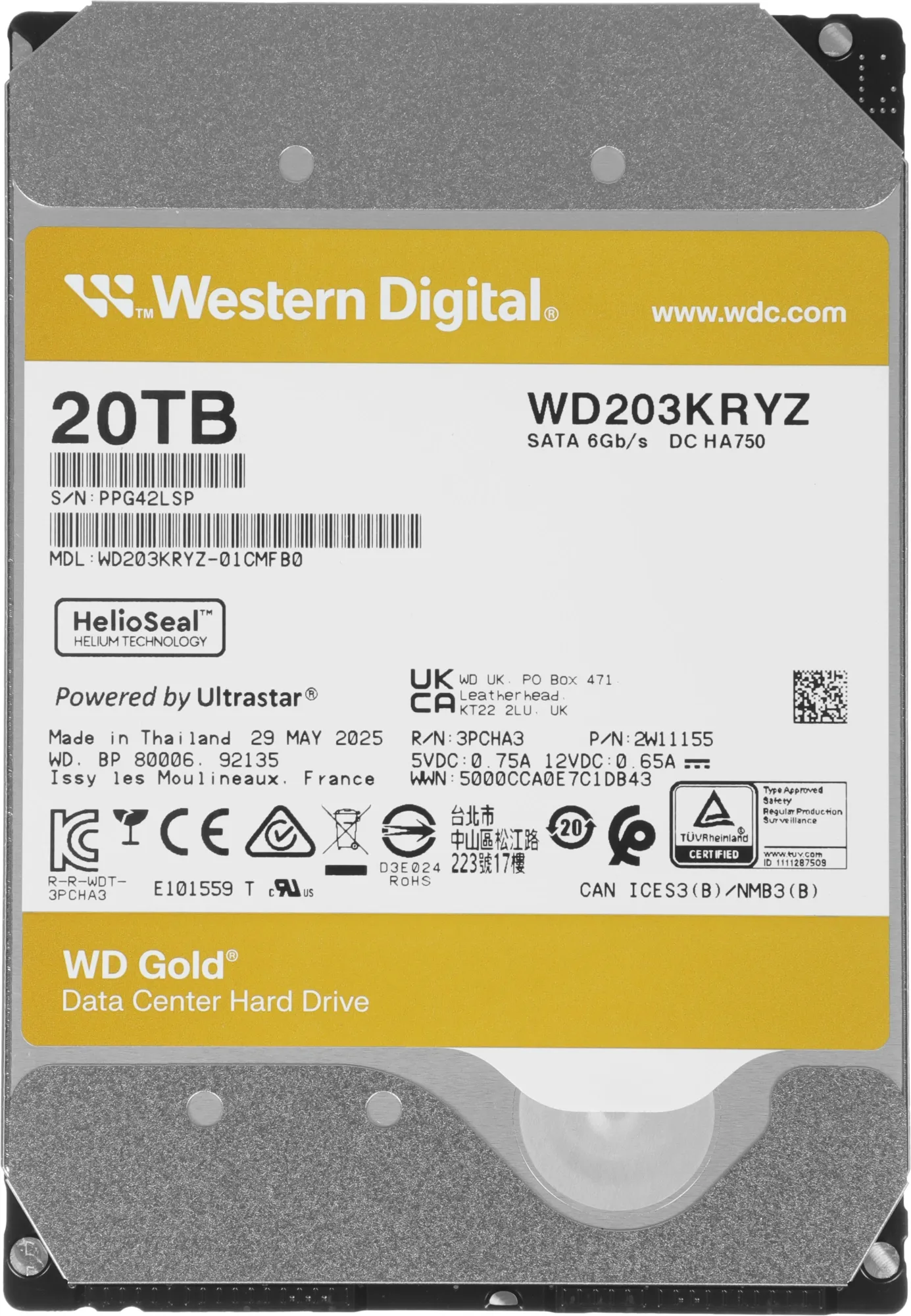 Жесткий диск WD SATA-III 20TB WD203KRYZ Server Gold 512E (7200rpm) 512Mb 3.5"
