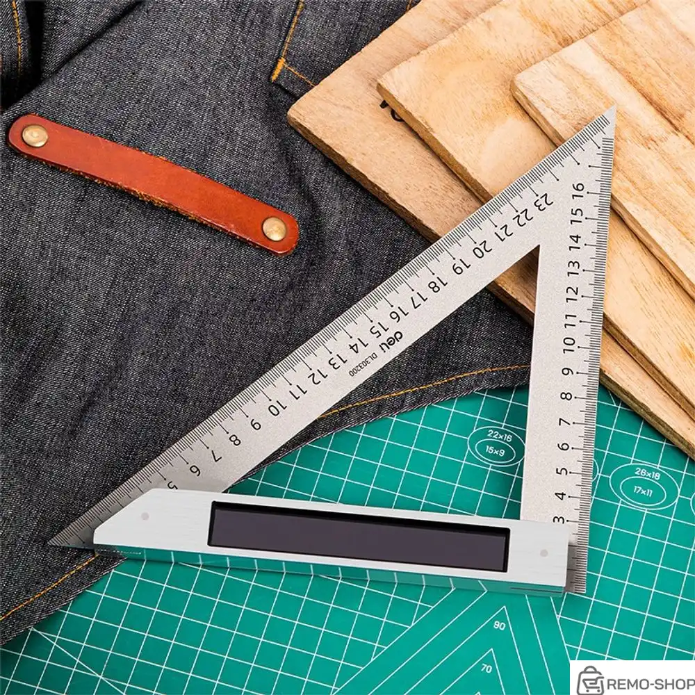 Треугольная линейка стальная Deli DL303200 200мм, нержавеющая сталь + алюминиевое основание фото 2