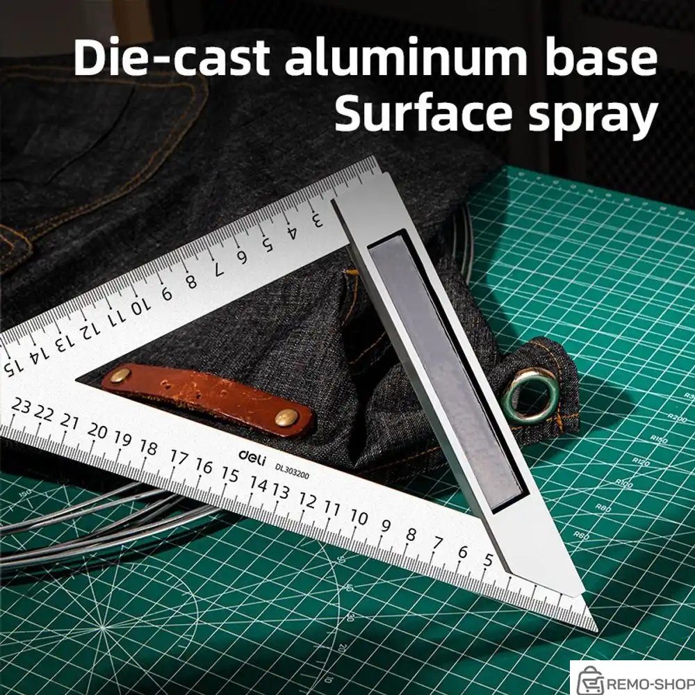 Треугольная линейка стальная Deli DL303200 200мм, нержавеющая сталь + алюминиевое основание фото 3