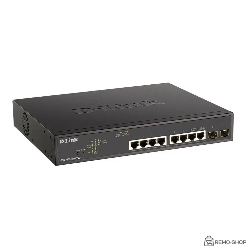 Настраиваемый L2 коммутатор D-Link DGS-1100-10MPPV2/A3A с 8 портами PoE+