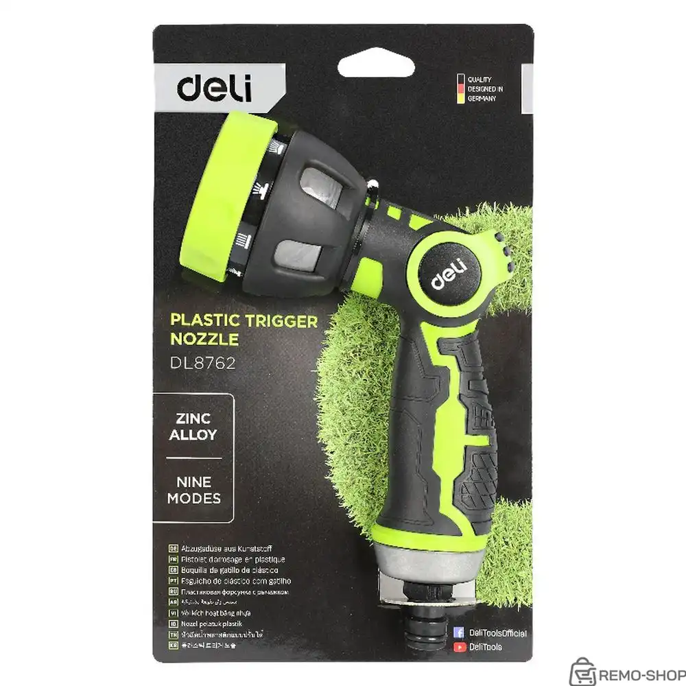 Пистолет-распылитель поливочный бескурковый Deli DL8762 9 режимов распыления, диаметр шланга 3/4", прорезиненная рукоять, корпус из цинкового сплава фото 3