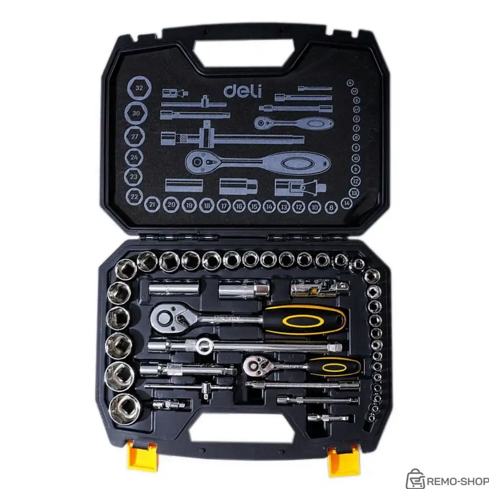 Набор торцевых головок и ключей 44 предмета Deli DL1044 1/2"+1/4", сталь Cr-V, комплектация: торцевые головки (1/4" 4-14мм, 1/2" 8-32мм), 10 удлинительных/соединительных стержней, трещотки 1/4" и 1/2" 45 зубьев, пластиковый кейс Набор торцевых головок и ключей 44 предмета Deli DL1044 1/2"+1/4", сталь Cr-V, комплектация: торцевые головки (1/4" 4-14мм, 1/2" 8-32мм), 10 удлинительных/соединительных стержней, трещотки 1/4" и 1/2" 45 зубьев, пластиковый кейс