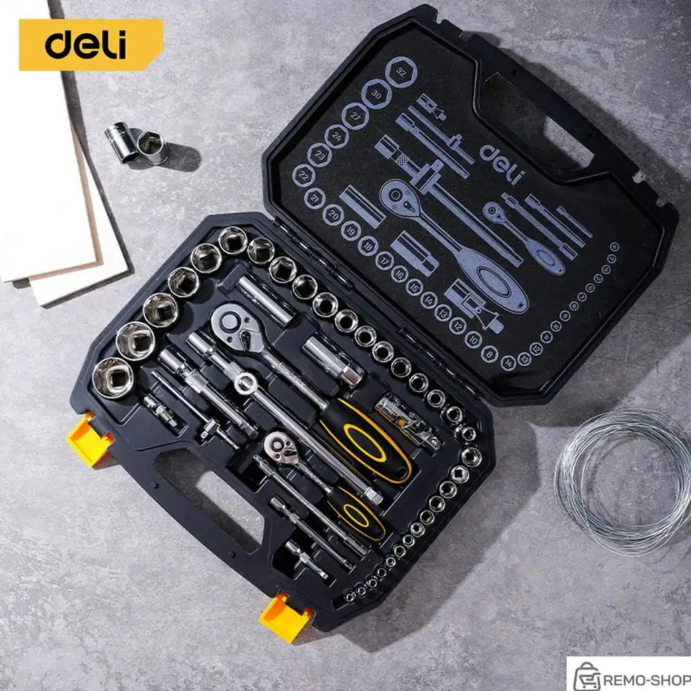 Набор торцевых головок и ключей 44 предмета Deli DL1044 1/2"+1/4", сталь Cr-V, комплектация: торцевые головки (1/4" 4-14мм, 1/2" 8-32мм), 10 удлинительных/соединительных стержней, трещотки 1/4" и 1/2" 45 зубьев, пластиковый кейс фото 3 Набор торцевых головок и ключей 44 предмета Deli DL1044 1/2"+1/4", сталь Cr-V, комплектация: торцевые головки (1/4" 4-14мм, 1/2" 8-32мм), 10 удлинительных/соединительных стержней, трещотки 1/4" и 1/2" 45 зубьев, пластиковый кейс фото 3