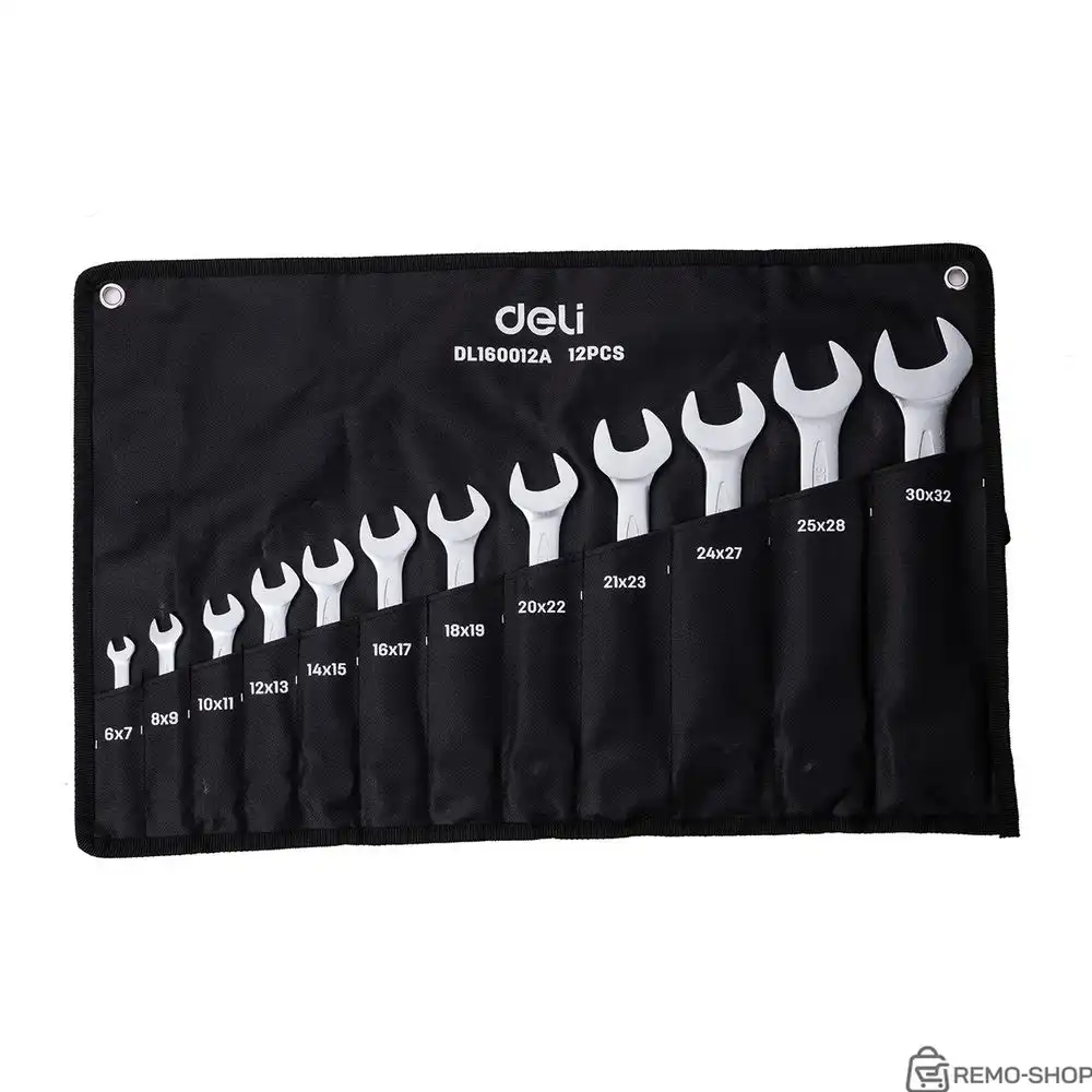 Набор двусторонних гаечных ключей 12 шт Deli DL160012A размеры 6x7, 8x9, 10x11, 12x13, 14x15, 16x17, 18x19, 20x22, 21x23, 24x27, 25x28, 30x32 мм, матовая хромированная поверхность, чехол из ткани Оксфорд