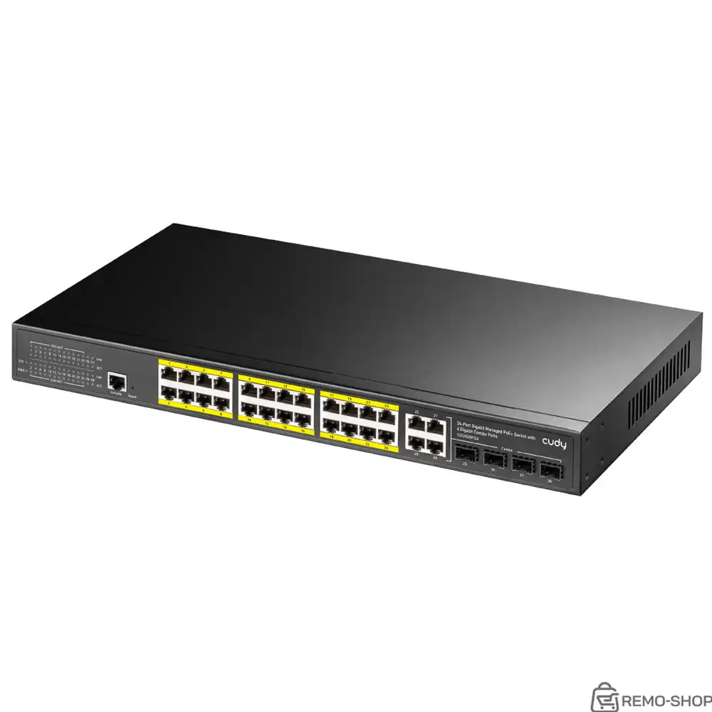 Коммутатор CUDY 24-Port Layer 2 Managed Gigabit PoE+ Switch with 4 Gigabit Combo Ports  400W Layer 2 Managed 28 Ports 10/100/1000M PoE Switch ,1-24 Port support POE (802.3at/af) ,with 4 Uplink Gigabit SFP/ETH Combo port + 1 Managed Port, IEEE 802.3af/at Standard, Each Port Max support 30W, Support QOS, STP/RSTP/MSTP、 IGMP、SNMP、WEB、VLAN、 EtherChann фото 3