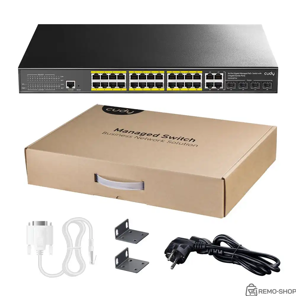 Коммутатор CUDY 24-Port Layer 2 Managed Gigabit PoE+ Switch with 4 Gigabit Combo Ports 400W Layer 2 Managed 28 Ports 10/100/1000M PoE Switch ,1-24 Port support POE (802.3at/af) ,with 4 Uplink Gigabit SFP/ETH Combo port + 1 Managed Port, IEEE 802.3af/at Standard, Each Port Max support 30W, Support QOS, STP/RSTP/MSTP、 IGMP、SNMP、WEB、VLAN、 EtherChann Коммутатор CUDY 24-Port Layer 2 Managed Gigabit PoE+ Switch with 4 Gigabit Combo Ports 400W Layer 2 Managed 28 Ports 10/100/1000M PoE Switch ,1-24 Port support POE (802.3at/af) ,with 4 Uplink Gigabit SFP/ETH Combo port + 1 Managed Port, IEEE 802.3af/at Standard, Each Port Max support 30W, Support QOS, STP/RSTP/MSTP、 IGMP、SNMP、WEB、VLAN、 EtherChann