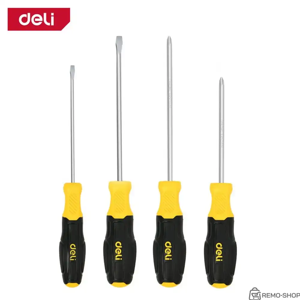 Набор отверток Deli DL630004N 4шт SL5x100 + SL6x150 + PH1x100 + PH2x150 сталь Cr-V, двухкомпонентная прорезиненная рукоять фото 2