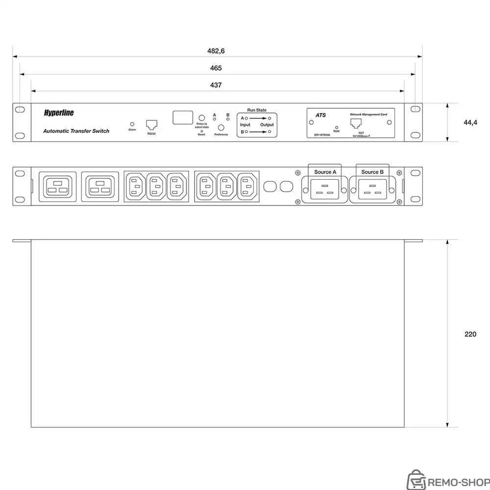 Блок розеток Hyperline ATS-R-128H0812-Intelligent Блок розеток с функцией авт. включения резервного питания (АВР/ATS) 19", горизонт., 1U, 6хIEC320 C13, 2хIEC320 C19, 220V, 16А, каб. пит. 3х1.5 мм фото 2