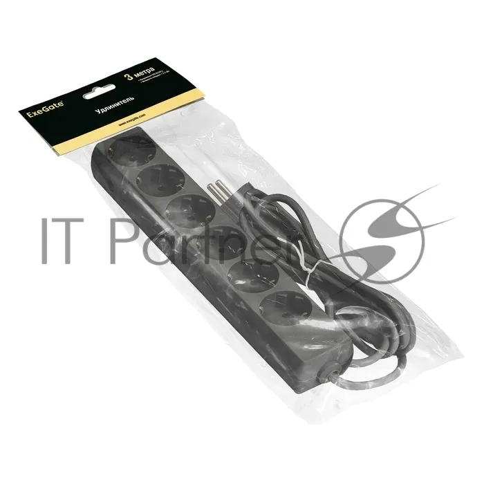 Удлинитель ExeGate ECE-6-3B (EX285831RUS), черный, 3 м, евровилка с заземлением, 6 евророзеток с заземлением, 2200 Вт