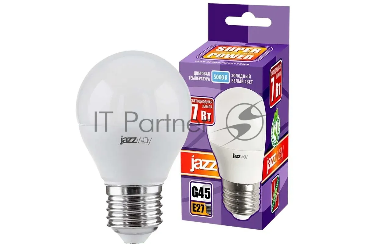 Светодиодная лампа JazzWay PLED-SP-G45, шар, 7Вт, 5000К, холодный белый, E27