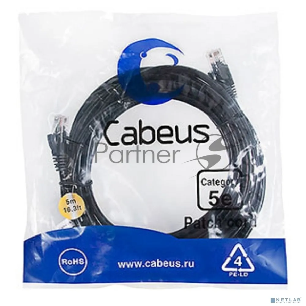 Шнур комм. Cabeus, Cat.5e, неэкр., U/UTP, RJ45/RJ45, LSZH, AWG24, 5м, черный