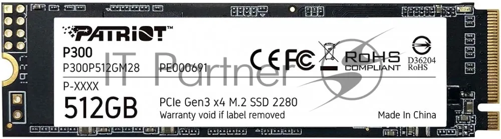 Накопитель SSD Patriot P300, 512Gb, PCIe 3.0 x4, M.2 2280, NVMe, R/W 1700/1200 фото 2