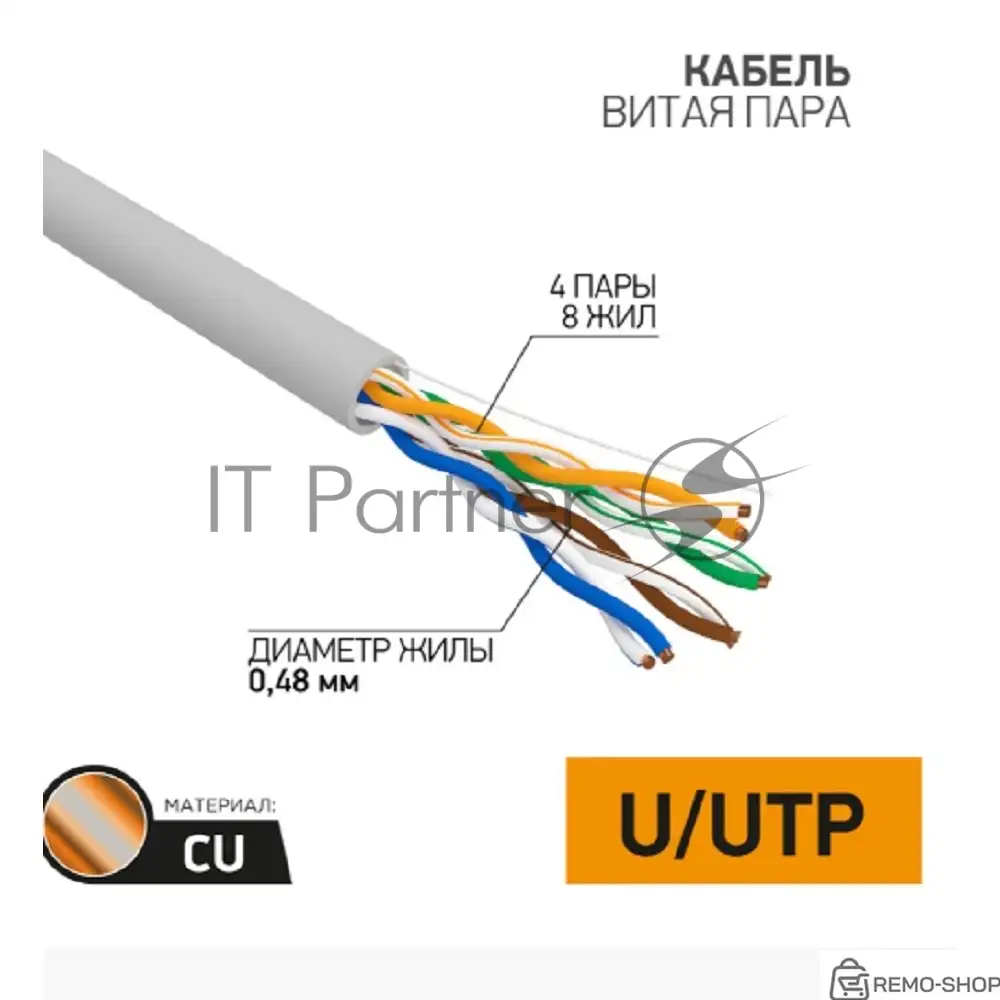 Кабель UTP CAT5E 4PR 24AWG, медь, серый, бухта 25 м фото 3