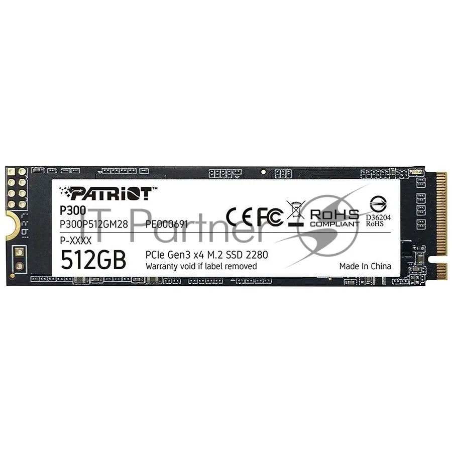 Накопитель SSD Patriot P300, 512Gb, PCIe 3.0 x4, M.2 2280, NVMe, R/W 1700/1200