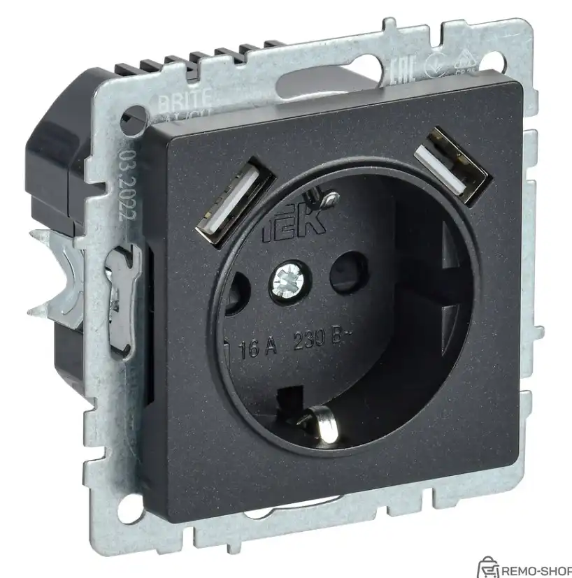 Розетка электрическая с USB-портами 16А 1-местная черная IEK BRITE