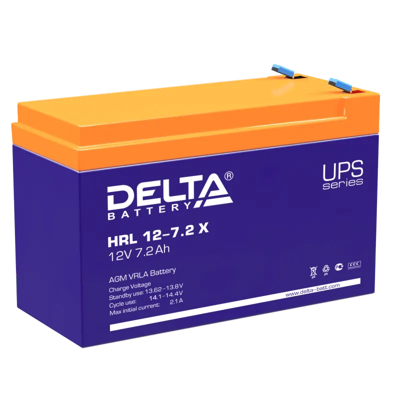 Батарея DELTA серия HRL-X, HRL 12-7,2 X, напряжение 12В, емкость 7.2Ач (разряд 10 часов), макс. ток разряда (5 сек.) 108А, макс. ток заряда 2.16А, свинцово-кислотная типа AGM, клеммы F2, ДxШxВ 151х65х94мм., вес 2.6кг., срок службы 12 лет./ Battery DELTA series HRL-X, HRL 12-7.2 X, voltage 12V, capacity 7.2Ah (discharge 10 hours), max. discharge current (5 sec.) 108A, max. charge current 2.16A, lead-acid type AGM, terminals F2, LxWxH 151x65x94mm., weight 2.6kg., service life 12 years. фото 2 Батарея DELTA серия HRL-X, HRL 12-7,2 X, напряжение 12В, емкость 7.2Ач (разряд 10 часов), макс. ток разряда (5 сек.) 108А, макс. ток заряда 2.16А, свинцово-кислотная типа AGM, клеммы F2, ДxШxВ 151х65х94мм., вес 2.6кг., срок службы 12 лет./ Battery DELTA series HRL-X, HRL 12-7.2 X, voltage 12V, capacity 7.2Ah (discharge 10 hours), max. discharge current (5 sec.) 108A, max. charge current 2.16A, lead-acid type AGM, terminals F2, LxWxH 151x65x94mm., weight 2.6kg., service life 12 years. фото 2