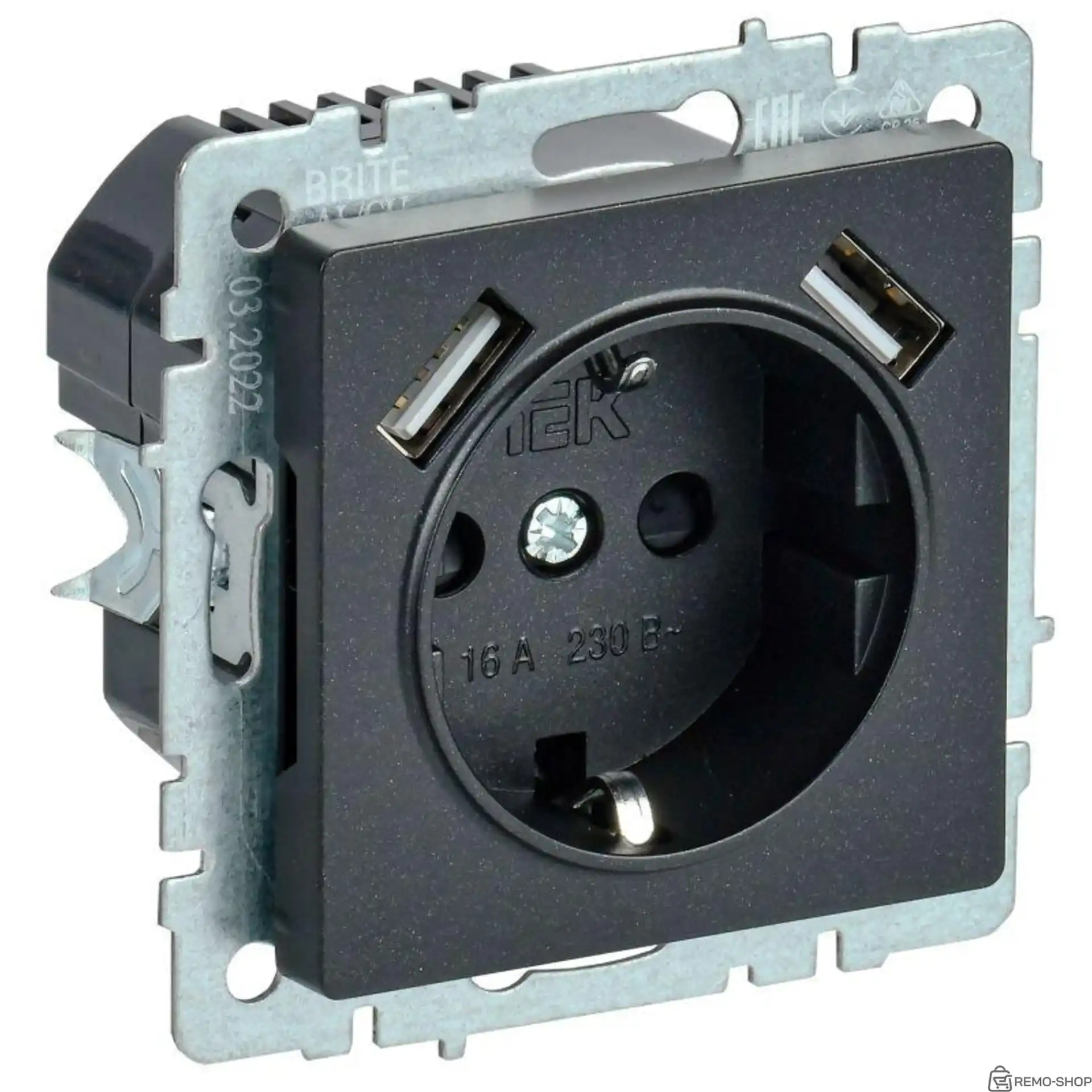 Розетка электрическая с USB-портами 16А 1-местная черная IEK BRITE фото 2