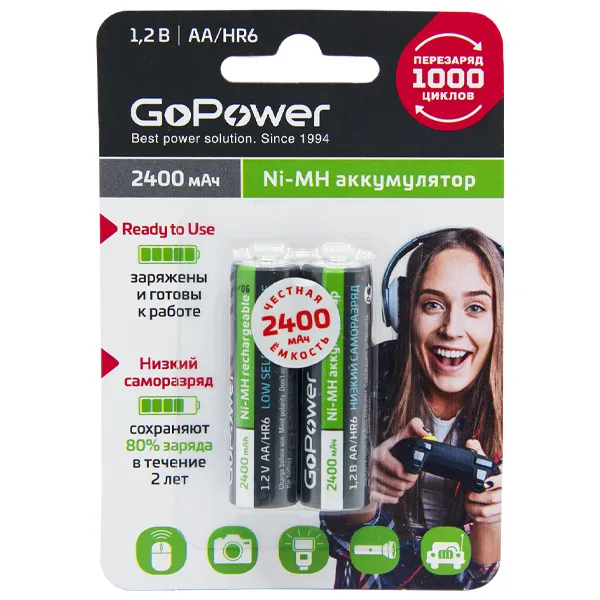 Аккумулятор предзаряженный RTU GoPower HR6 AA BL2 NI-MH 2400mAh (2/20/240) блистер (2 шт.) Аккумулятор предзаряженный RTU GoPower HR6 AA BL2 NI-MH 2400mAh (2/20/240) блистер (2 шт.)