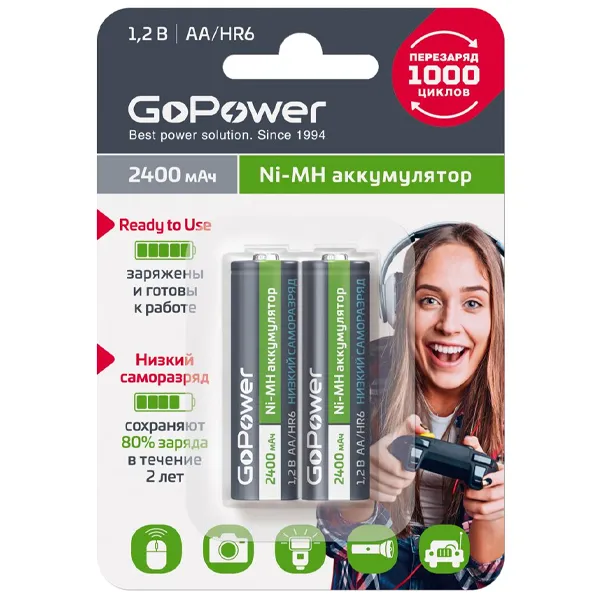 Аккумулятор предзаряженный RTU GoPower HR6 AA BL2 NI-MH 2400mAh (2/20/240) блистер (2 шт.) фото 2
