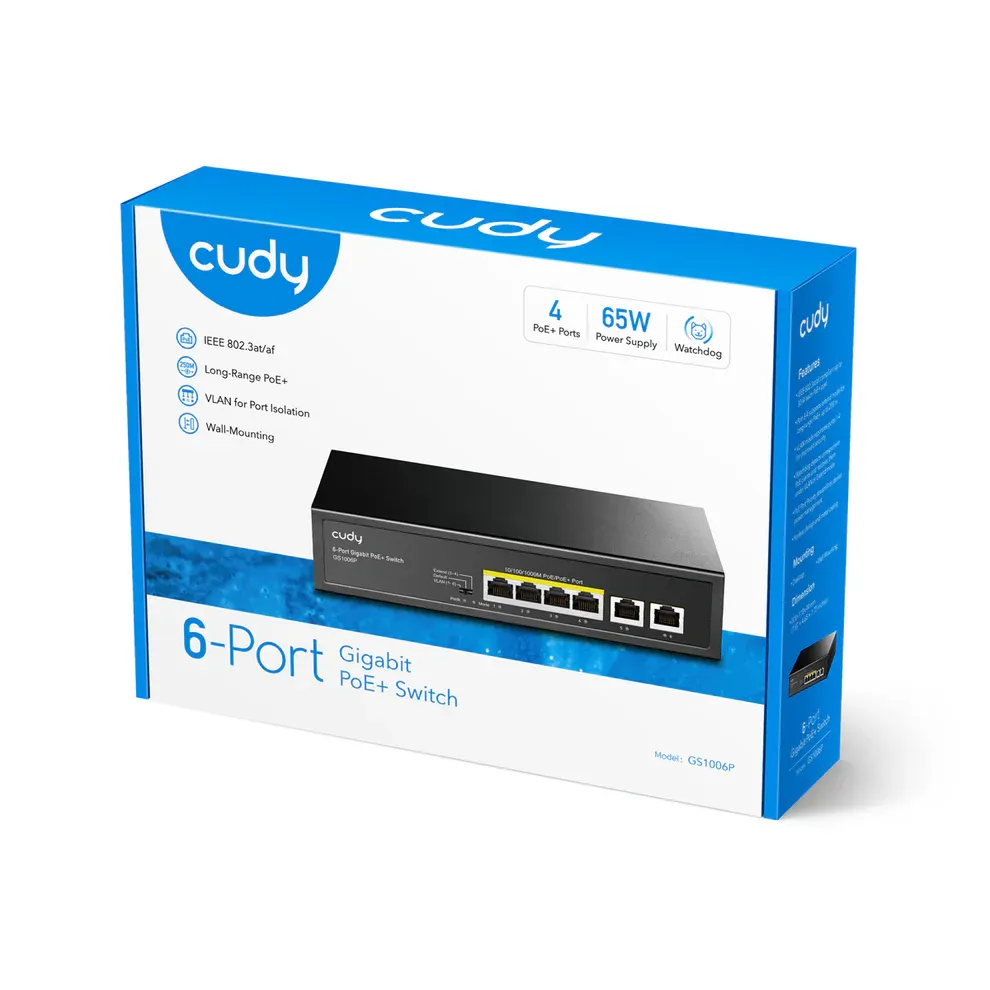 Коммутатор/ 6-Port 10/100/1000M PoE+ Switch, 4-Port 10/100/1000 BASE-T Gigabit PoE+ ports, 2-Port 10/100/1000 BASE-T Gigabit Uplink ports,  802.3at/af, VLAN mode support for port #1 ~ #4, Extend mode support for port #3 ~ #4, Fanless, ±4KV Surge Protection,Watchdog, 65W internal фото 3