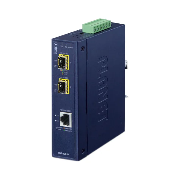 Промышленный медиаконвертер PLANET IP30 с 1 портом 10/100/1000Base-T и 2 портами 100/1000Base-X SFP