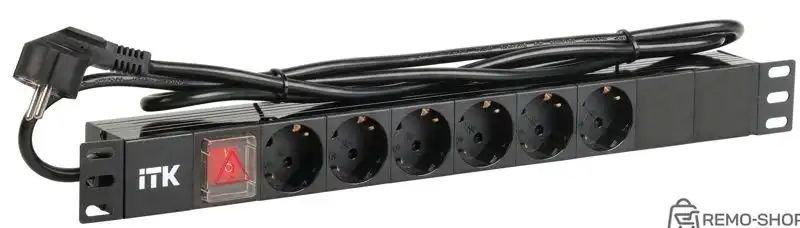 Горизонтальный блок розеток PDU 1U, 6 Schuko, с выключателем и индикатором, кабель 2 м
